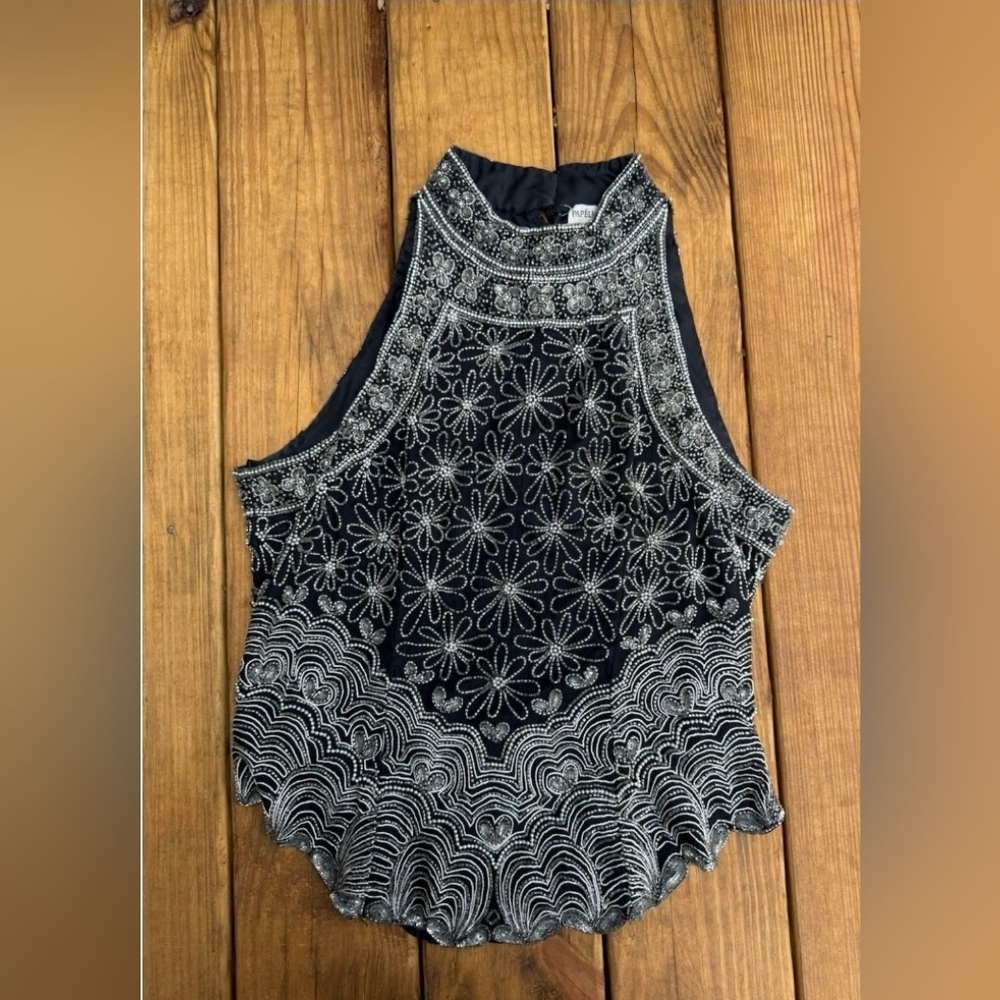 Adrianna Papel Elegant Black and Silver Embroidered Women's Top Large